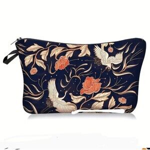 Blue floral Crain Print makeup bag Zip Cosmetic Pouch Birds